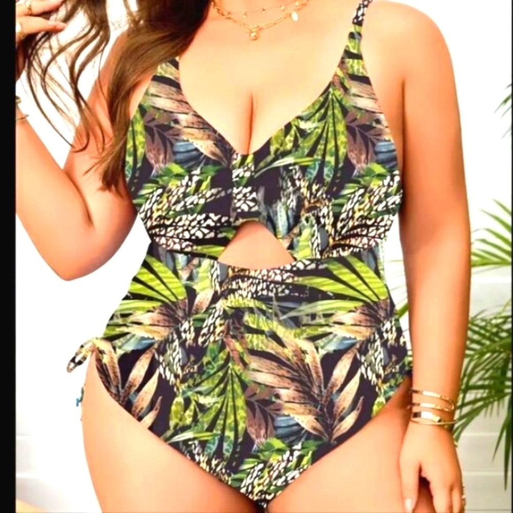 Womens Green Multicolored Tropical Leaf Print Swimsuit Sz 2X